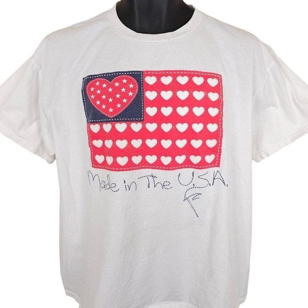Vintage American Flag Hearts T Shirt Mens Size Large White 90s Made In USA